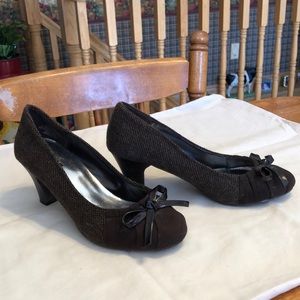 Alia brown fabric 2 inch heels.